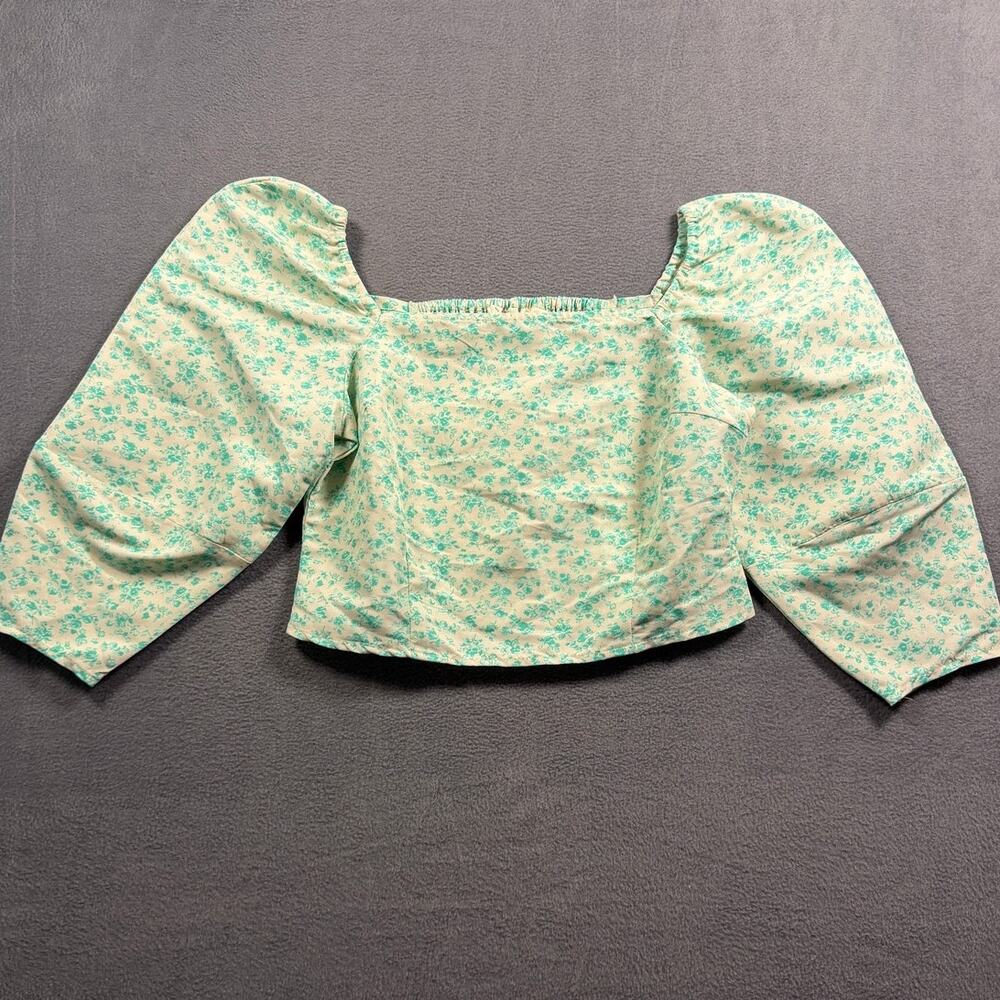 Levis Women's Cream Green Floral Square Neck Puff Long Sleeve Crop Blouse Size S
